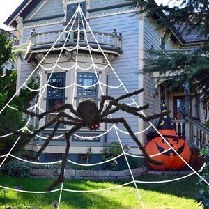 200" Giant Halloween Spider Web with 59" Furry Spider – Scary Outdoor Yard Decor